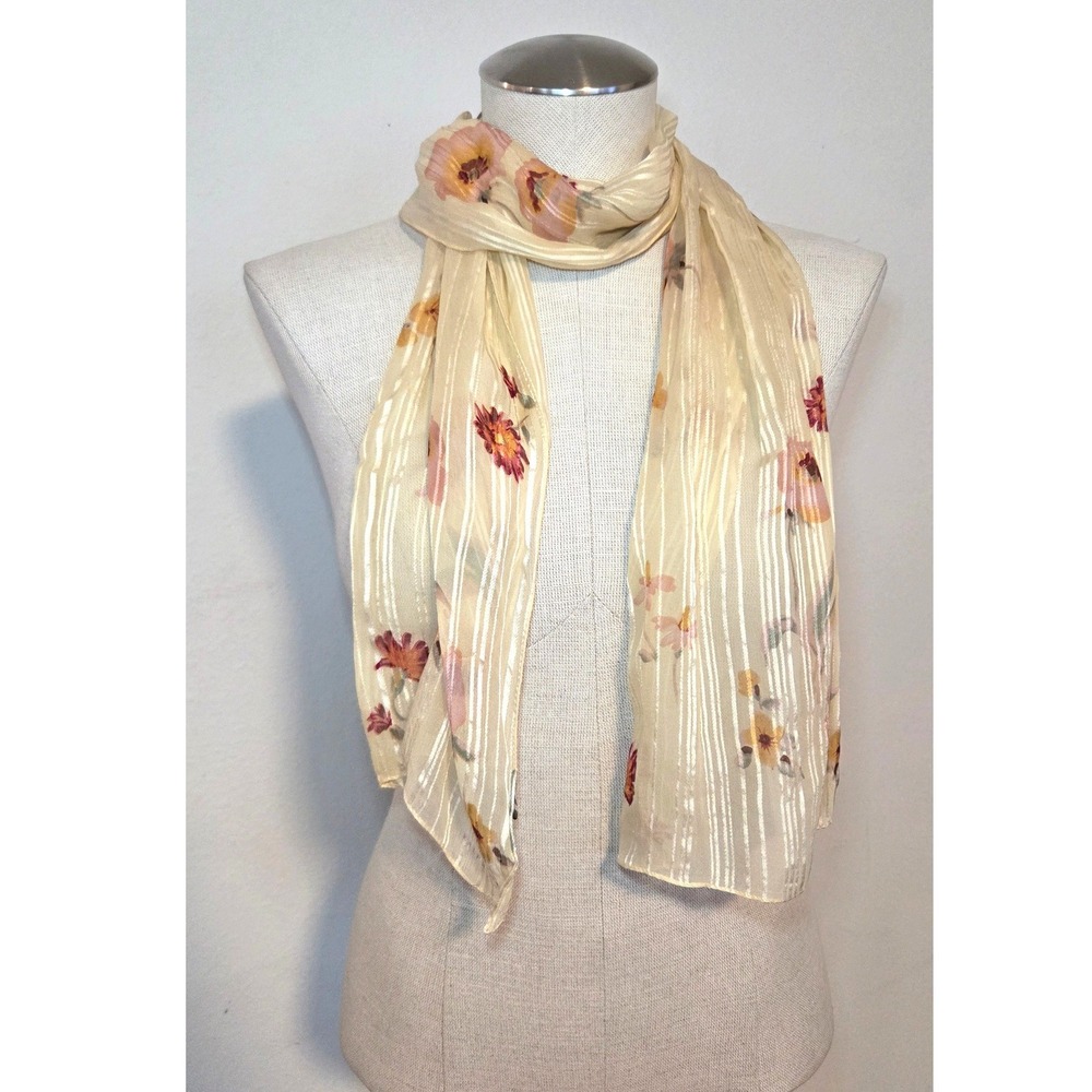 Lauren Ralph Lauren Cream Floral 100% Silk Oblong Scarf Satin Stripe Accents